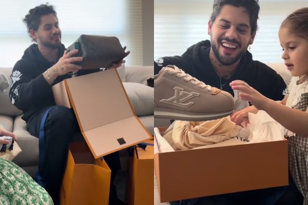 Zé Felipe é surpreendido pelos filhos no Dia dos Pais e ganha presentes escolhidos por Virginia
