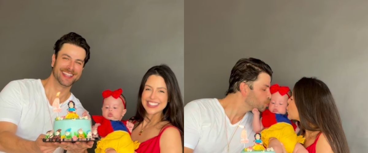 Alice ganha fantasia de Branca de Neve para comemorar 4 meses ao lado de Laís Caldas e Gustavo